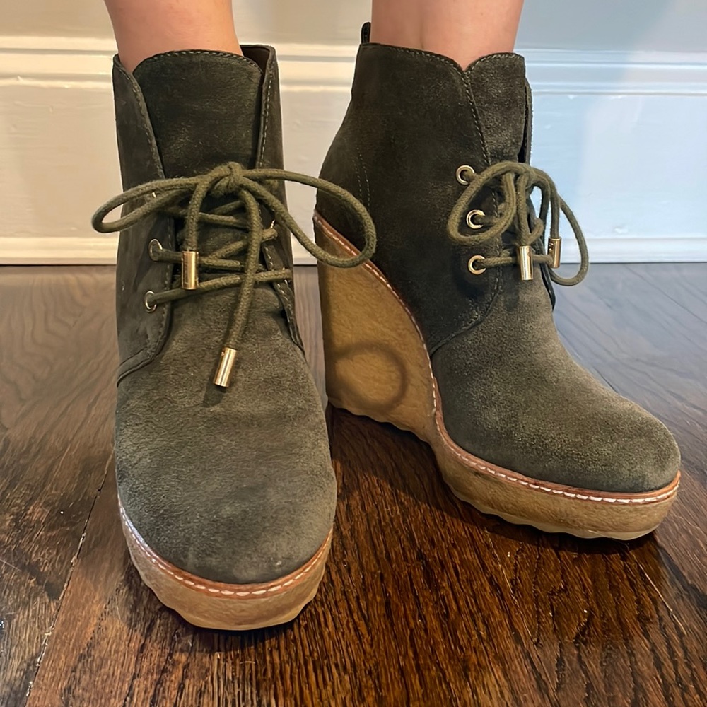 Tory Burch Lace-Up Green Suede Booties